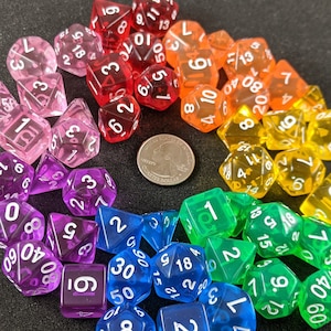 Colorful translucent dice set.