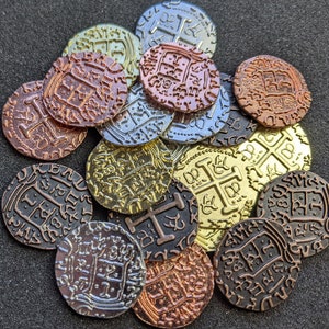 Metal coins, pirate treasure, play money Gold Silver and Copper 22mm