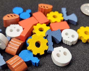 Axe, bread, skull, gear, bottle, brick, tokens