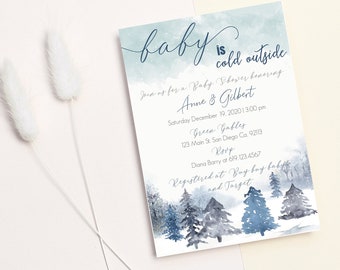 Baby it's cold outside shower invitation, winter baby shower invite, baby boy snow invite,  winter theme, Pine trees theme shower, 46