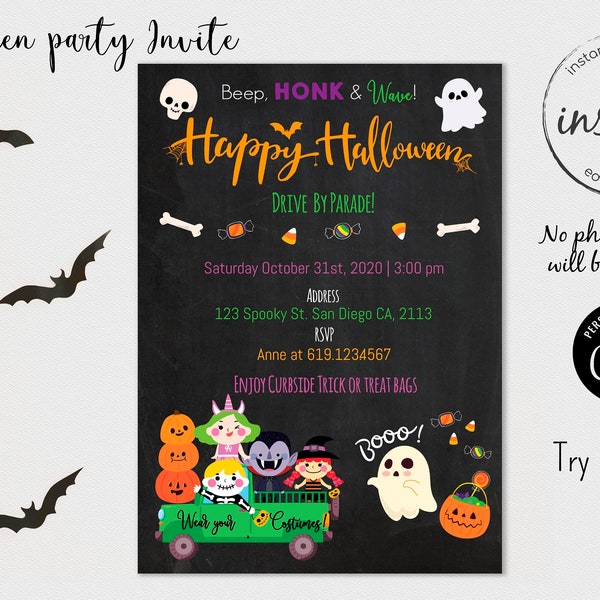 Halloween drive by parade invitation, trick or treat drive by invite, Halloween costume parade, spooky drive by invite, halloween party