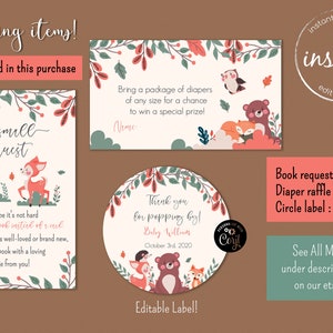Cartes assorties pour baby shower des bois | tombola de couches | demande de livre | carte de remerciement modifiable | instantané| 38