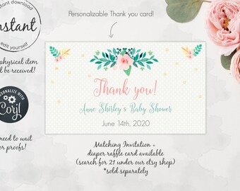 Thank you card, baby shower thank you, BOHO baby shower invitation, it's a girl baby shower, floral wreath girl, gold rose, 21