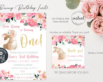 bunny birthday invitation, birthday girl, some bunny birthday invitation, spring theme birthday invite, Easter birthday girl, first birthday