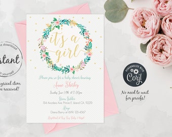 Floral wreath baby shower invitation, girl baby shower, boho baby shower invitation, it's a girl invitation, baby shower, baby girl, 21