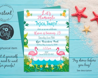 Flamingo birthday invitation, summer invitation, flamingo party, pool party invite, Let's flamingle party, flamingos invitation, pineapple