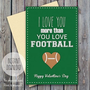 Ik hou van je meer dan voetbal, Valentijn kaart afdrukbare sport Valentijn, sportkaart, kaart voor hem, Instant download kaart