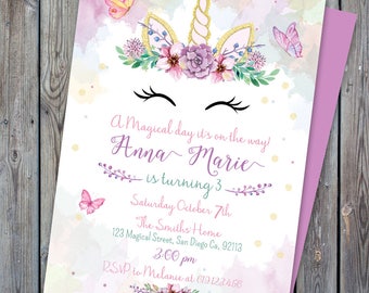 Printable Unicorn birthday invitation, unicorn birthday party, girl unicorn birthday party, Girl birthday, gold unicorn, magical invite