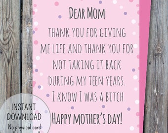 Printable mother&#39;s day card, funny mother&#39;s day card, cards for mother, love my mom card, thank you mom card, Digital mother&#39;s day card, mom