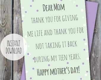 Printable mother&#39;s day card, funny mother&#39;s day card, cards for mother, love my mom card, thank you mom card, Digital mother&#39;s day card, mom