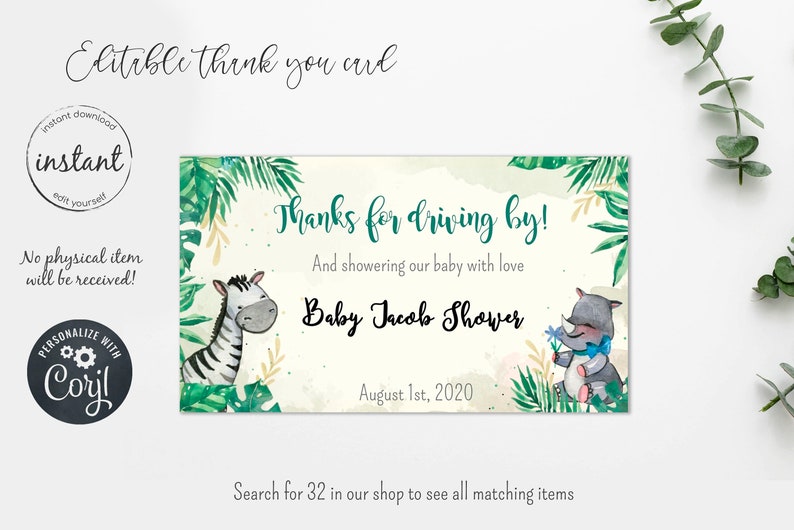 Safari Drive by Baby Shower Thank You Card Baby Boy Safari Etsy