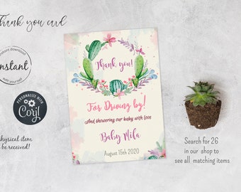 Drive by cactus shower thank you card, drive by baby shower invite, cactus lover theme, vintage truck invite, drive thru baby shower, 26