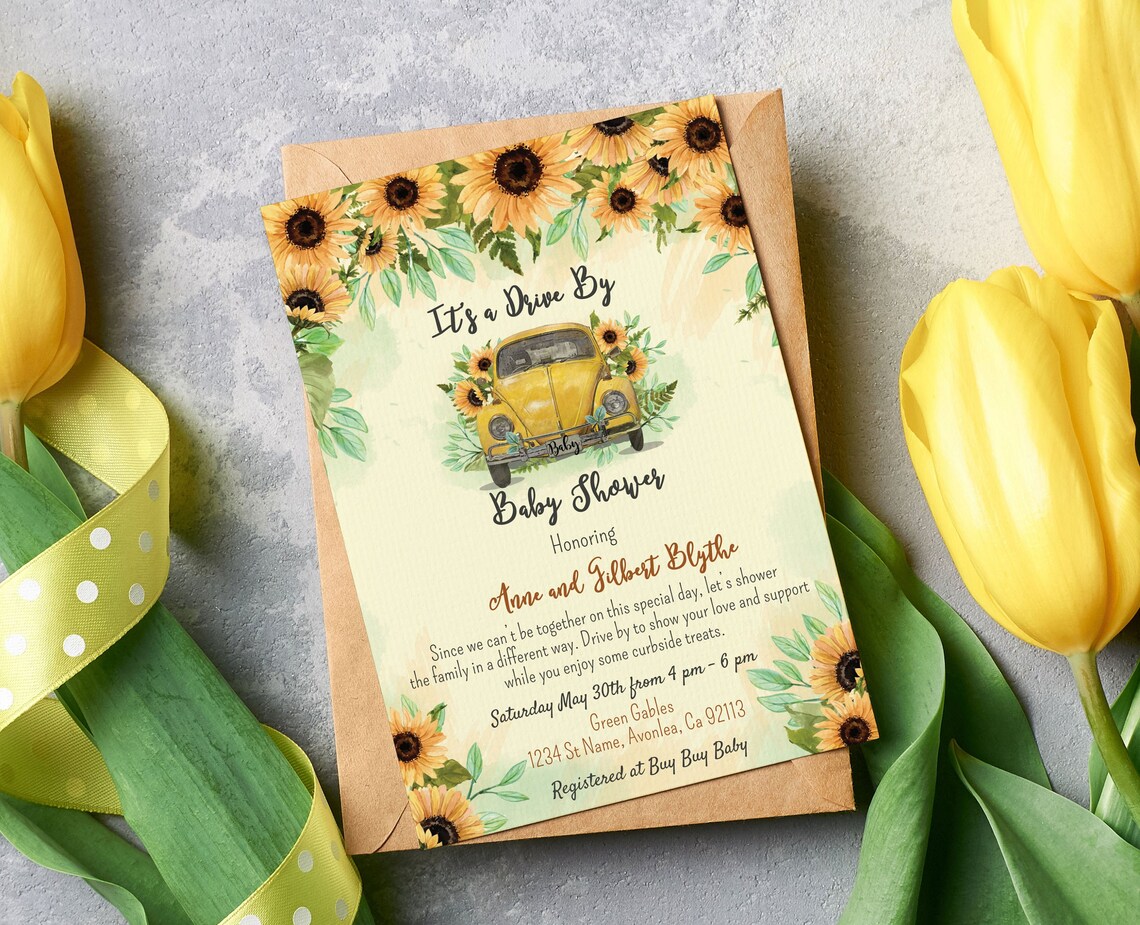 Sunflower Baby Shower Invitation Printed Drive by Sunflower Etsy