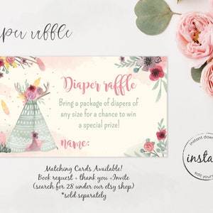 Matching diaper raffle card, BOHO diaper raffle, Boho baby shower invitation, BOHO theme, baby girl, baby shower, 28