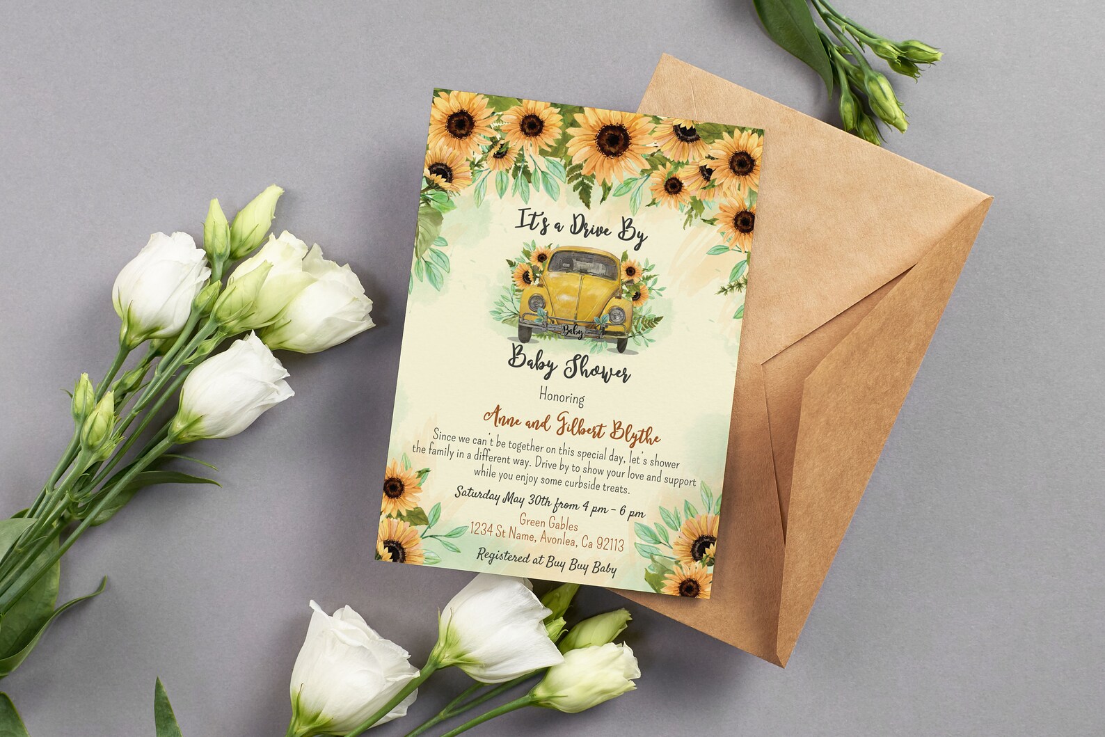 Sunflower Baby Shower Invitation Printed Drive by Sunflower Etsy