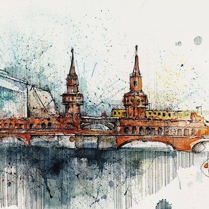 May include: A watercolor painting of a cityscape with a bridge and two towers. The painting is done in shades of blue, green, and brown. The artist's signature is visible in the bottom right corner.