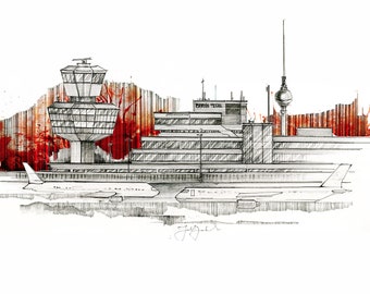 Berlin Tegel Airport Art Print, Watercolour Ink Architecture Drawing