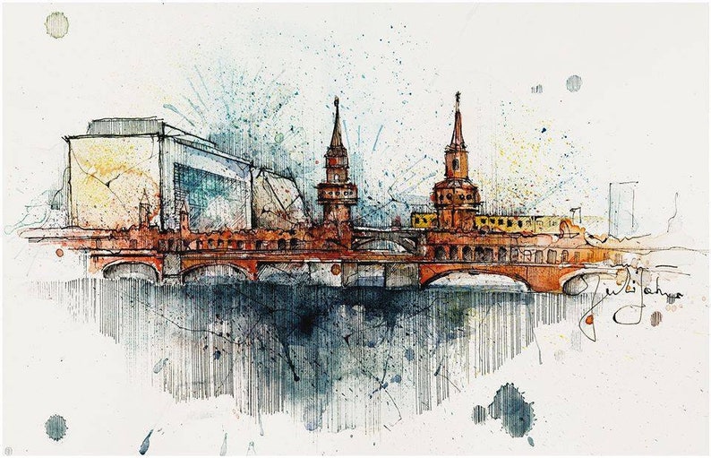 May include: A watercolor painting of a cityscape with a bridge and two towers. The painting is done in shades of blue, green, and brown. The artist's signature is visible in the bottom right corner.