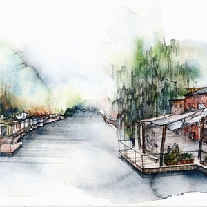 Club Der Visionaere Painting Print,  Wall Decoration. Wall art print. Watercolour Ink architecture nature drawing. Club in Berlin Germany