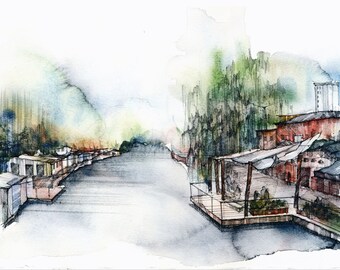 Club Der Visionaere Painting Print,  Wall Decoration. Wall art print. Watercolour Ink architecture nature drawing. Club in Berlin Germany