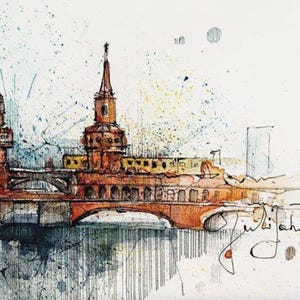 Warschauerstr. Berlin Germany. Wall decor. Wall art print. Watercolour Ink Building architecture drawing. Watercolour painting image 2