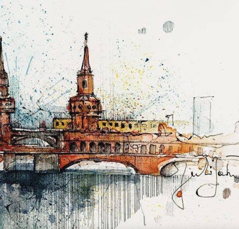 Warschauerstr. Berlin Germany. Wall decor. Wall art print. Watercolour Ink Building architecture drawing. Watercolour painting image 2