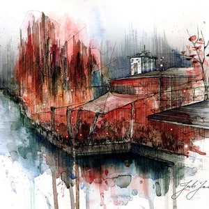 Club Der Visionaere Painting Print, Wall Decoration. CDV Wall art print. Watercolour Ink architecture nature drawing. Berlin