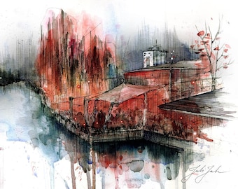 Club Der Visionaere Painting Print, Wall Decoration. CDV Wall art print. Watercolour Ink architecture nature drawing. Berlin