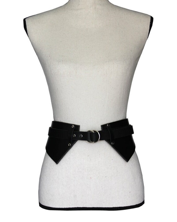 Black Leather Waist Corset Belt: Handmade Cincher with Collar