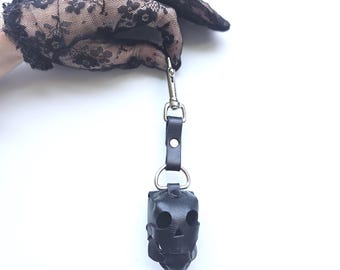Skull Leather Bag Charm – Handmade Leather Keychain with Silver Hardware