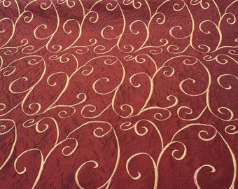 Merlot Red Swirls Embroidered Slub Faux Silk Fabric By The Yard