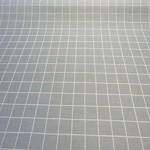 May include: A pale grey fabric featuring a white grid pattern. The grid lines are regularly spaced, forming a chequered design. The fabric seems soft and slightly textured, with a subtle sheen.