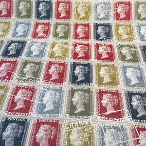 May include: A fabric with a repeating pattern of postage stamps featuring a profile of a woman's face. The stamps are in shades of red, blue, and gold with the text "ONE PENNY" and "POSTAGE" repeated on each stamp.