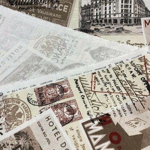 May include: A vintage-style fabric with a collage of travel-themed images, including stamps, passport stamps, and a building. The fabric features a brown, beige, and red color scheme. The text on the fabric includes "Hotel do Par", "Mamo", "Passport Control", and "single journey to Palestine".