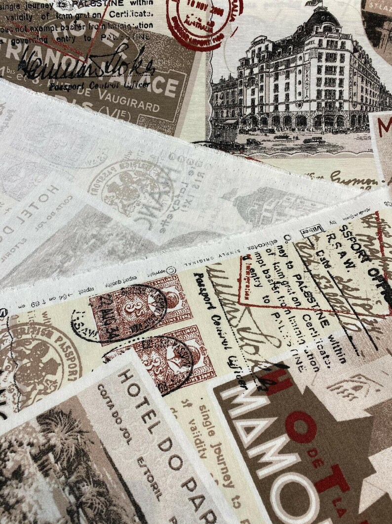 May include: A vintage-style fabric with a collage of travel-themed images, including stamps, passport stamps, and a building. The fabric features a brown, beige, and red color scheme. The text on the fabric includes "Hotel do Par", "Mamo", "Passport Control", and "single journey to Palestine".