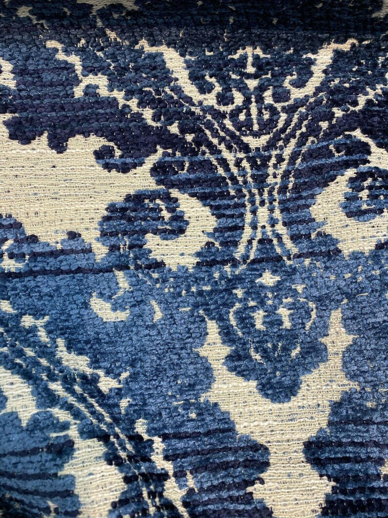 Italian Damask Chenille Greco Indigo Upholstery Blue Fabric By The Yard