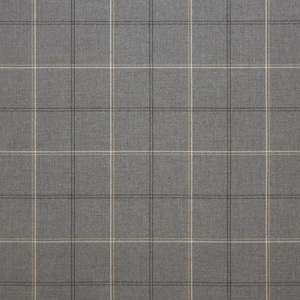 May include: A gray fabric with a subtle plaid pattern in a lighter gray and a light beige.