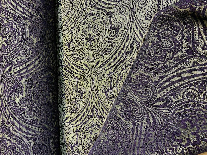Medellin Damask Purple Gold Upholstery Fabric By The Yard