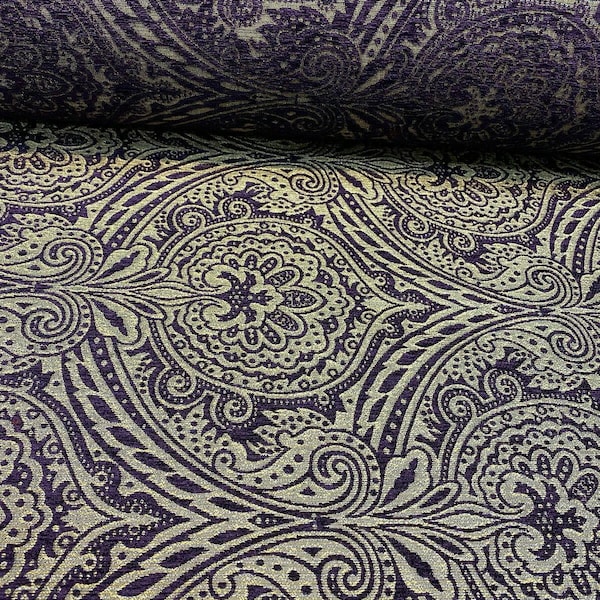 Medellin Damask Purple Gold Upholstery Fabric By The Yard