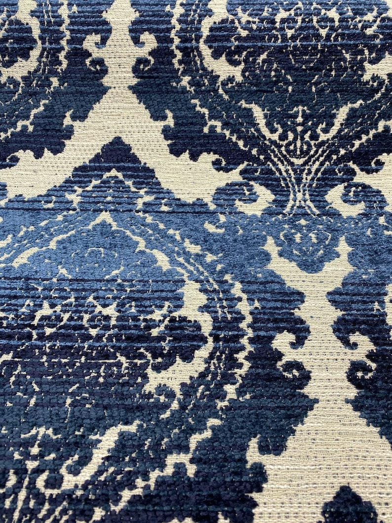 Italian Damask Chenille Greco Indigo Upholstery Blue Fabric By The Yard