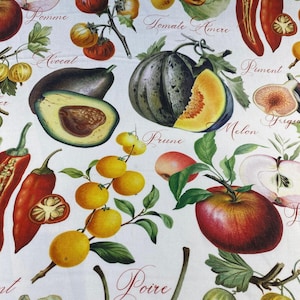 May include: A white background with colorful illustrations of various fruits and vegetables. The fruits and vegetables include a red apple, a green avocado, a red tomato, a green pear, a red chili pepper, a yellow melon, a green melon, a red plum, a yellow prune, a green fig, a red pepper, and a yellow pear. The text "Pomme", "Avocat", "Tomate Amere", "Piment", "Melon", "Figue", "Prune", "Poire" is written in cursive on the background.