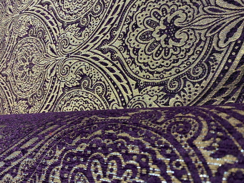 Medellin Damask Purple Gold Upholstery Fabric By The Yard