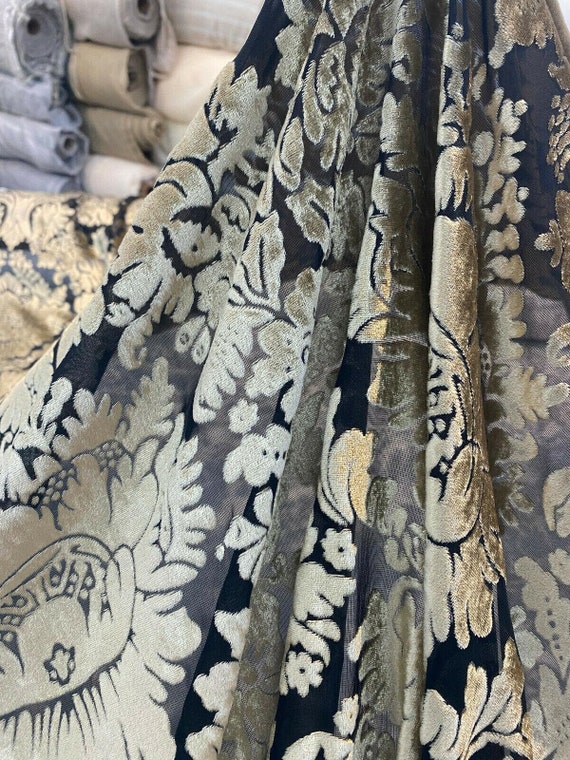 Taupe Gold Imperial Sheer Cut Velvet Fabric by the Yard 