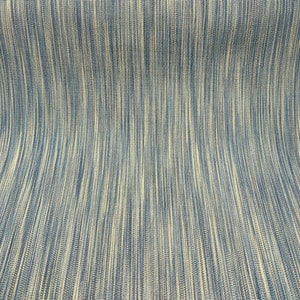 May include: A close-up of a blue and cream striped fabric with a subtle woven texture.