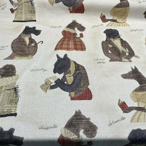 Fancy Nautical Dogs Top Hat Cigar Whimsical Linen Blend Upholstery Fabric By The Yard