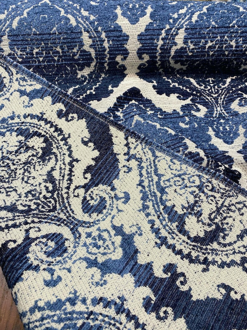 Italian Damask Chenille Greco Indigo Upholstery Blue Fabric By The Yard