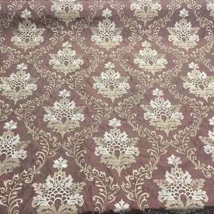 Brown with Gold Damask Embroidered Faux Silk Polyester Drapery Fabric  by the yard