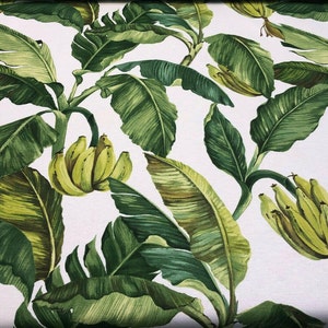 Jamaica Green White Banana Leaves Cotton Drapery Upholstery Fabric By The Yard