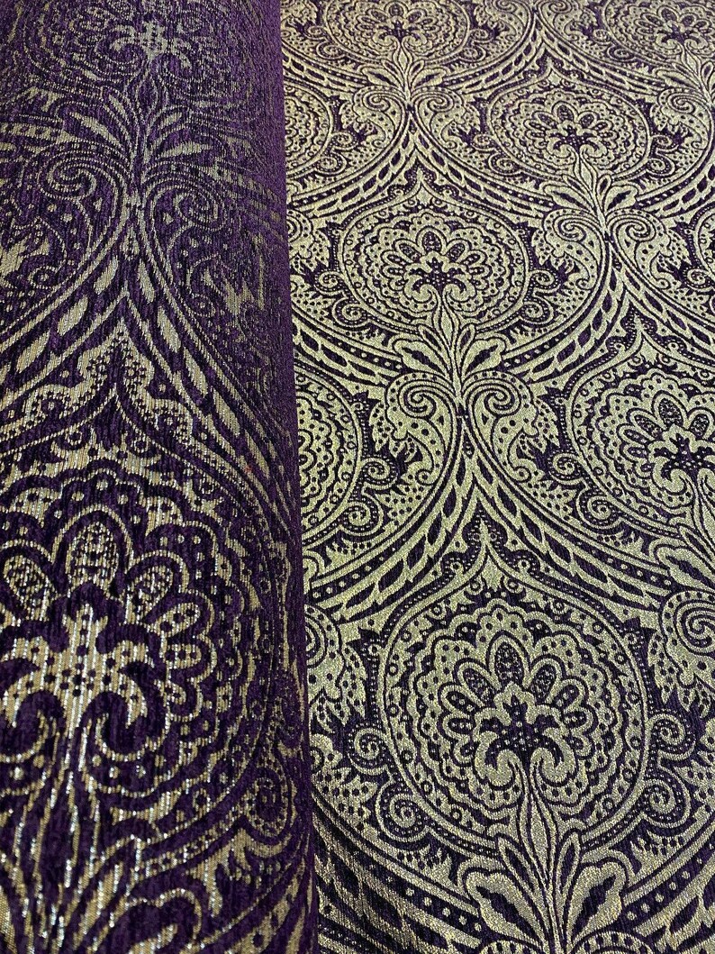 Medellin Damask Purple Gold Upholstery Fabric By The Yard