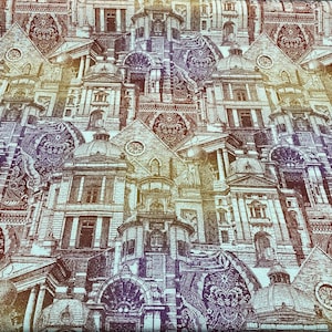 May include: A repeating pattern of detailed illustrations of buildings in shades of red, purple, and yellow. The buildings are drawn in a vintage style and have intricate details.